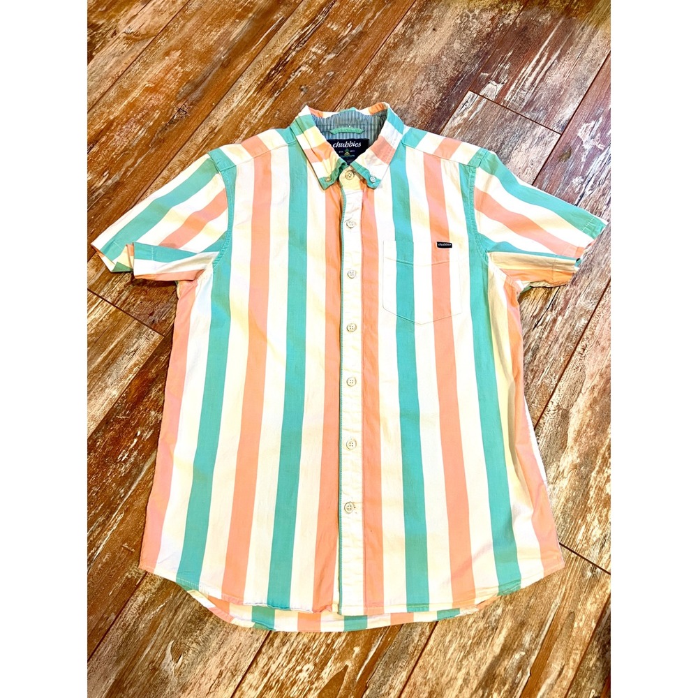 Chubbies Mens Small Short Sleeve Button Down Shirt Pastel Vertical Stripe Peach